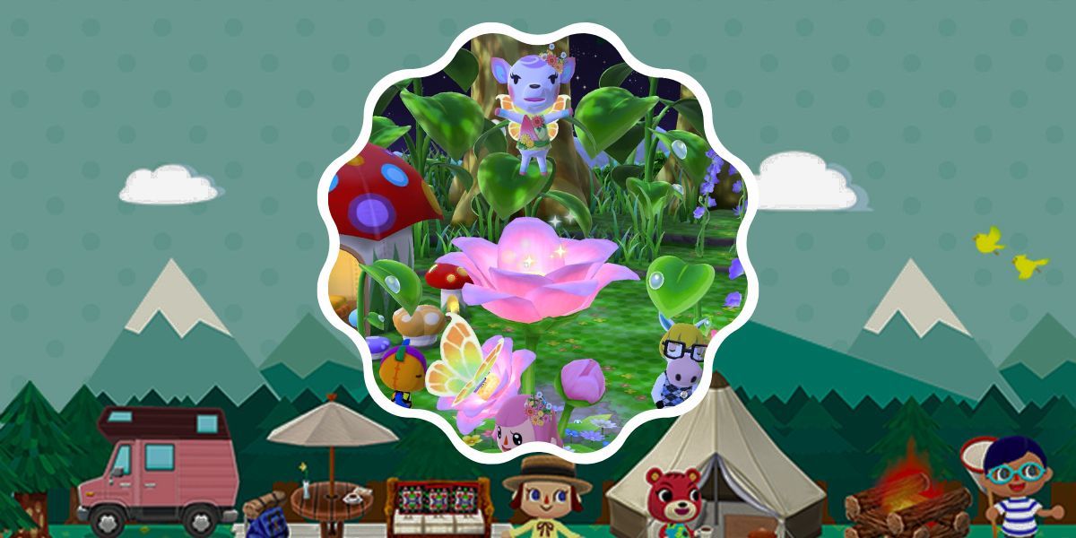 Animal Crossing Pocket Camp Giant Fairy Flower dengan Diana melayang di atasnya dengan sayap peri