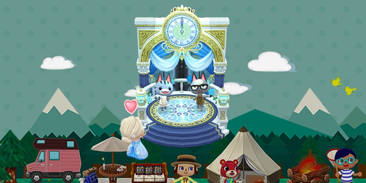 Animal Crossing Pocket Camp Striking Clock Balcony dengan dua karakter berdiri di atasnya menari
