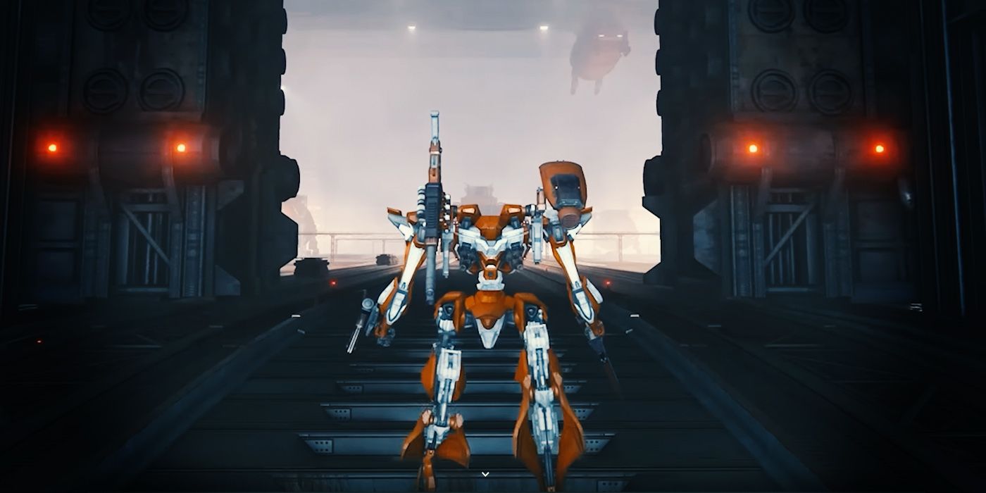 An armored core in Armored Core 6, standing in front of an opening doorway to one of the game's large industrial areas.