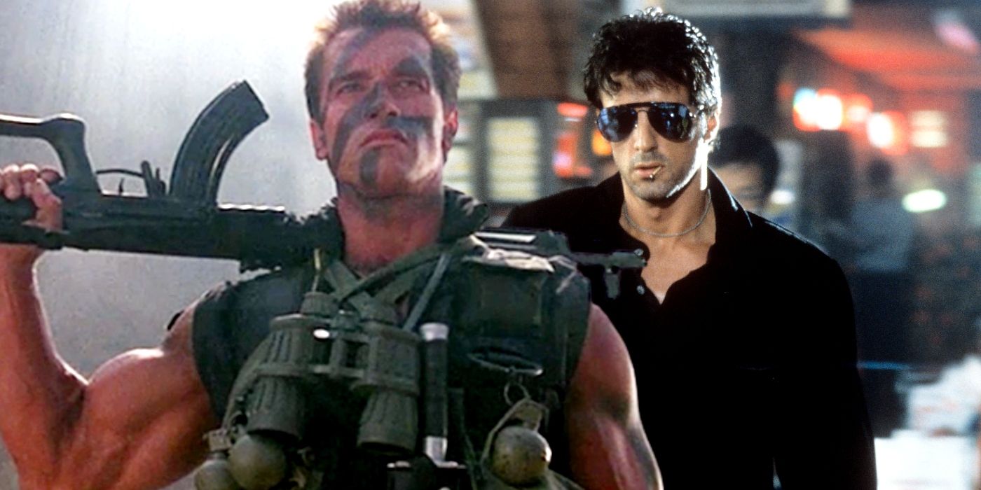 Custom image of Arnold Schwarzenegger in Commando and Sylvester Stallone in Cobra