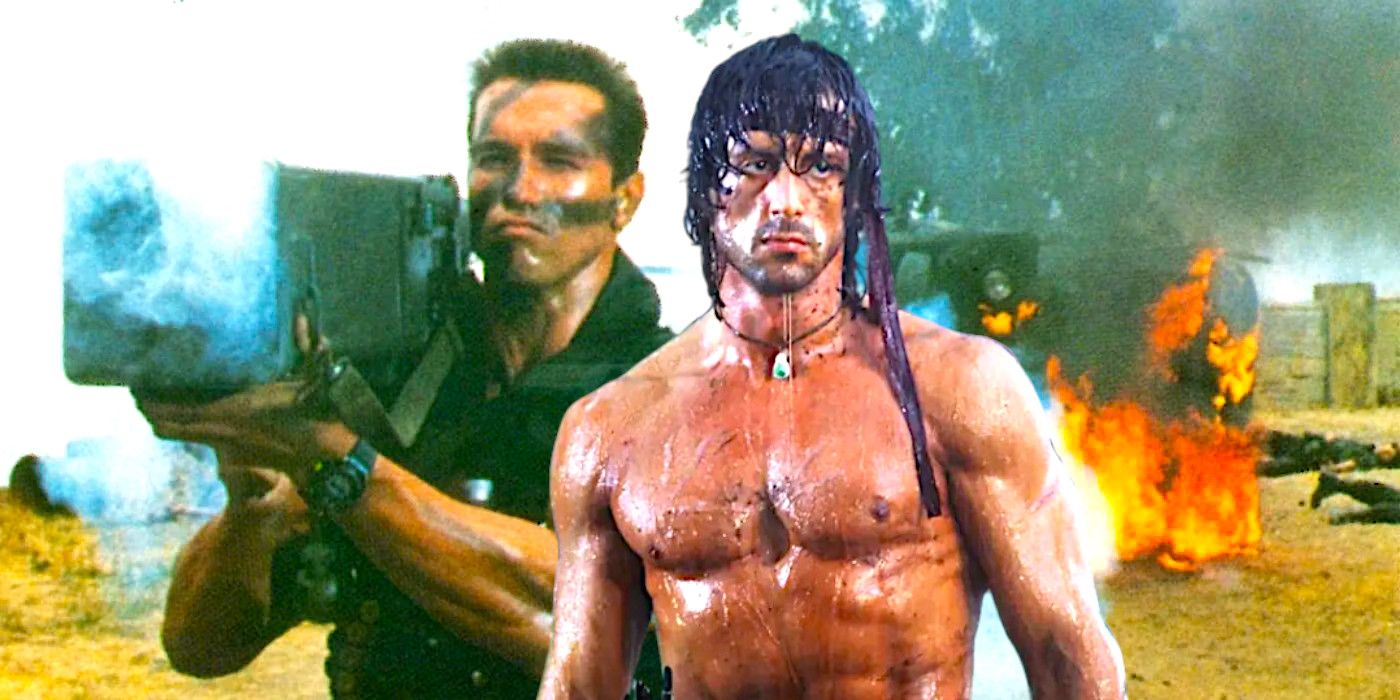 Arnold Schwarzenegger in Commando with camo paint firing a huge rocket launcher with Sylvester Stallone as Rambo shirtless and sweaty, wearing a red headband