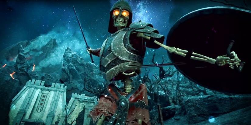 A skeleton enemy in Avowed with glowing orange eyes, wearing armor and a helmet, and swinging a sword.