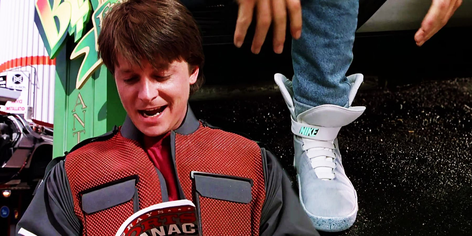 Marty McFly reads about the future and wears his self-lacing Nikes in Back to the Future 2