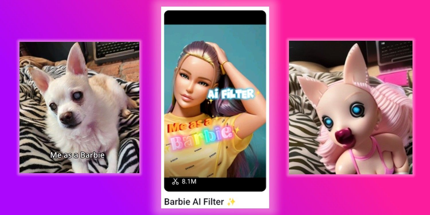 Template Barbie AI Filter pada capcut (tengah), dengan gambar sebelum dan sesudah pada seekor anjing (kiri dan kanan)