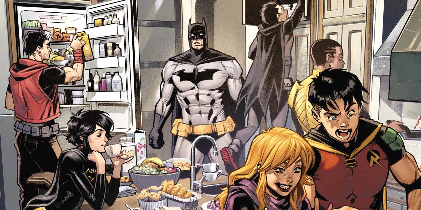 The Bat-Family, surprising Batman with a pancake breakfast.