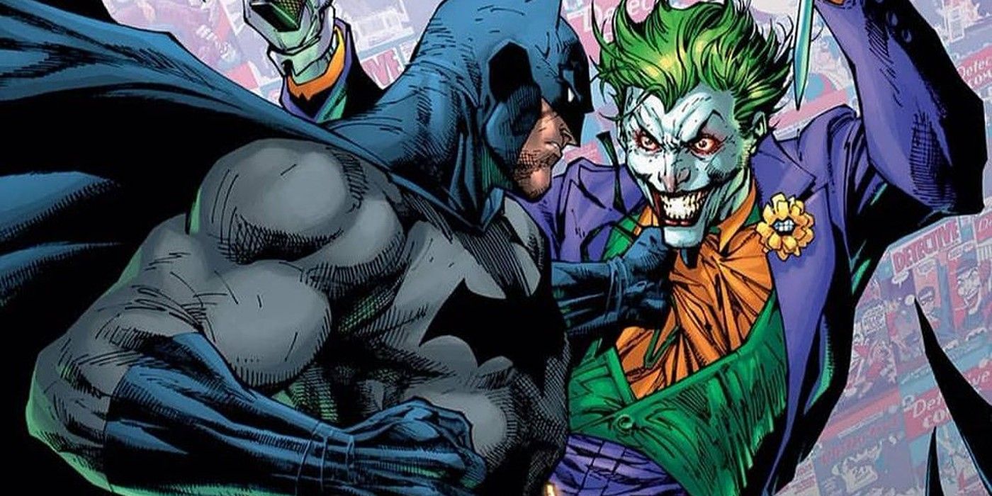 Batman and Joker fighting, Batman is holding Joker by the shirt.