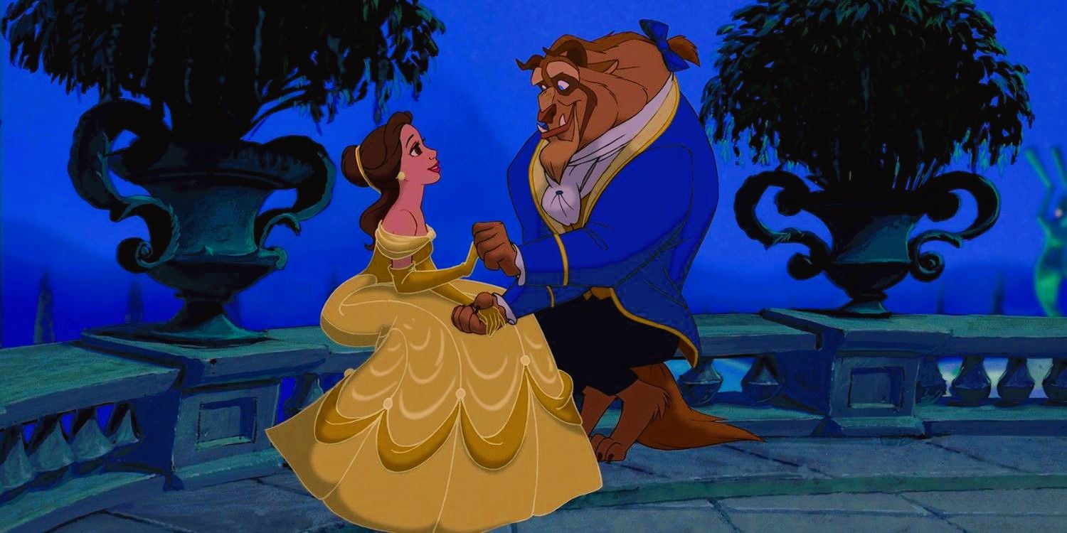 Belle and the Beast sit together in Beauty and the Beast.