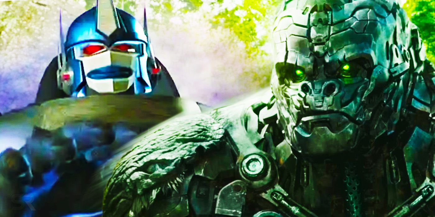 Optimus Primal from the original Beast Wars next to the Rise of the Beasts version