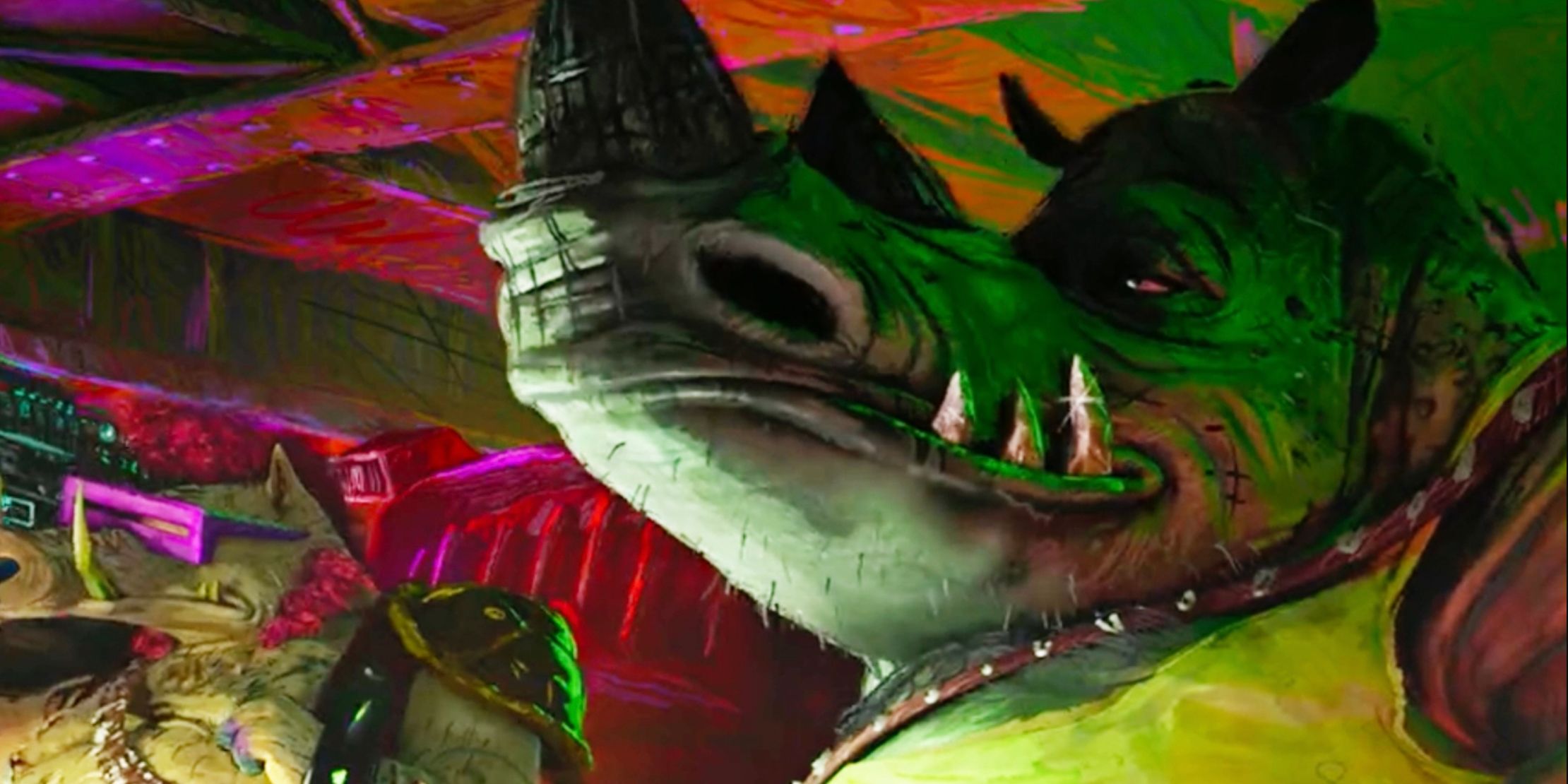 Bebop and Rocksteady in brightly colored animation in Teenage Mutant Ninja Turtles Mutant Mayhem