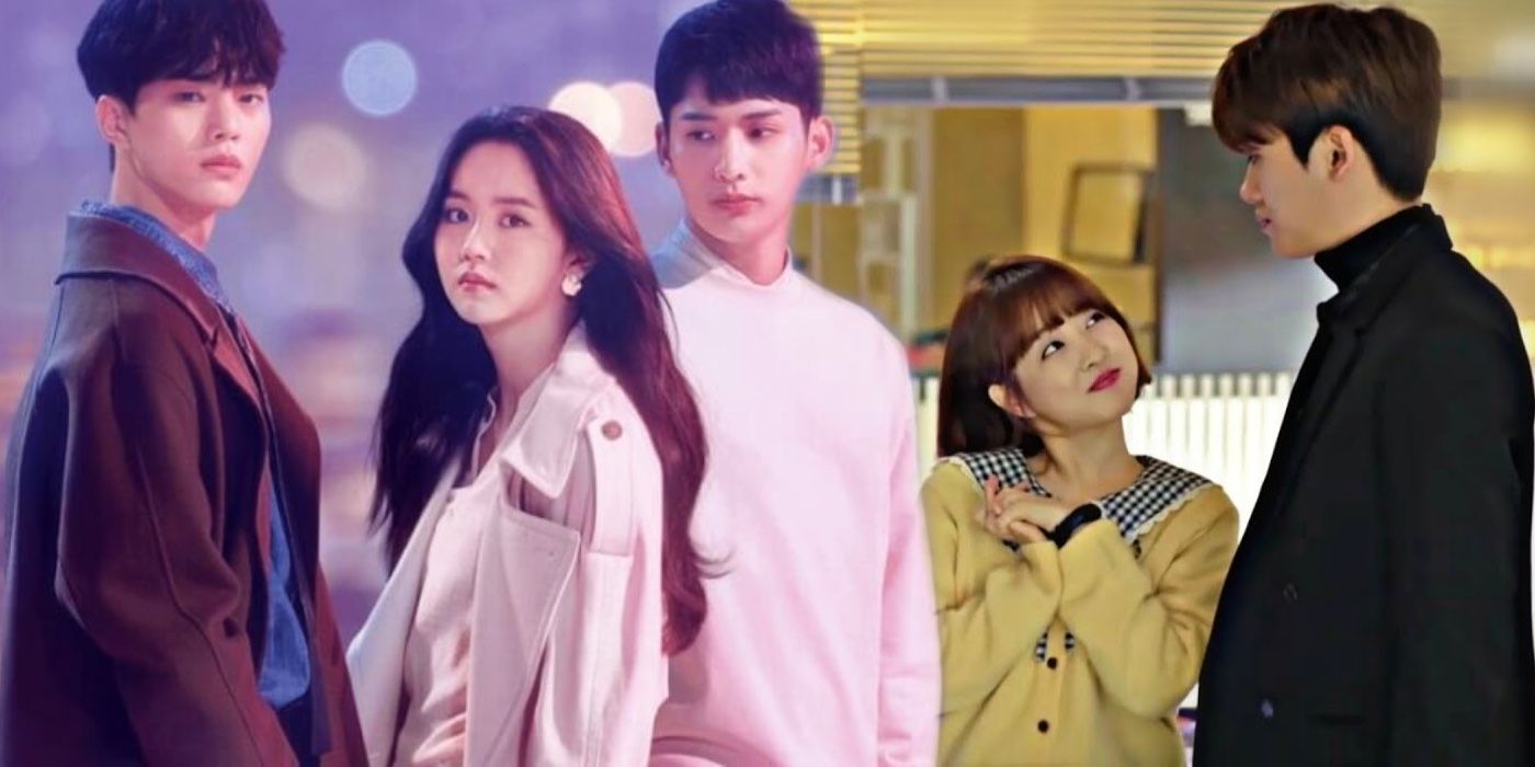 A side by side image features the main characters involved in love triangles in the K-dramas Love Alarm and Strong Girl Bong-soon