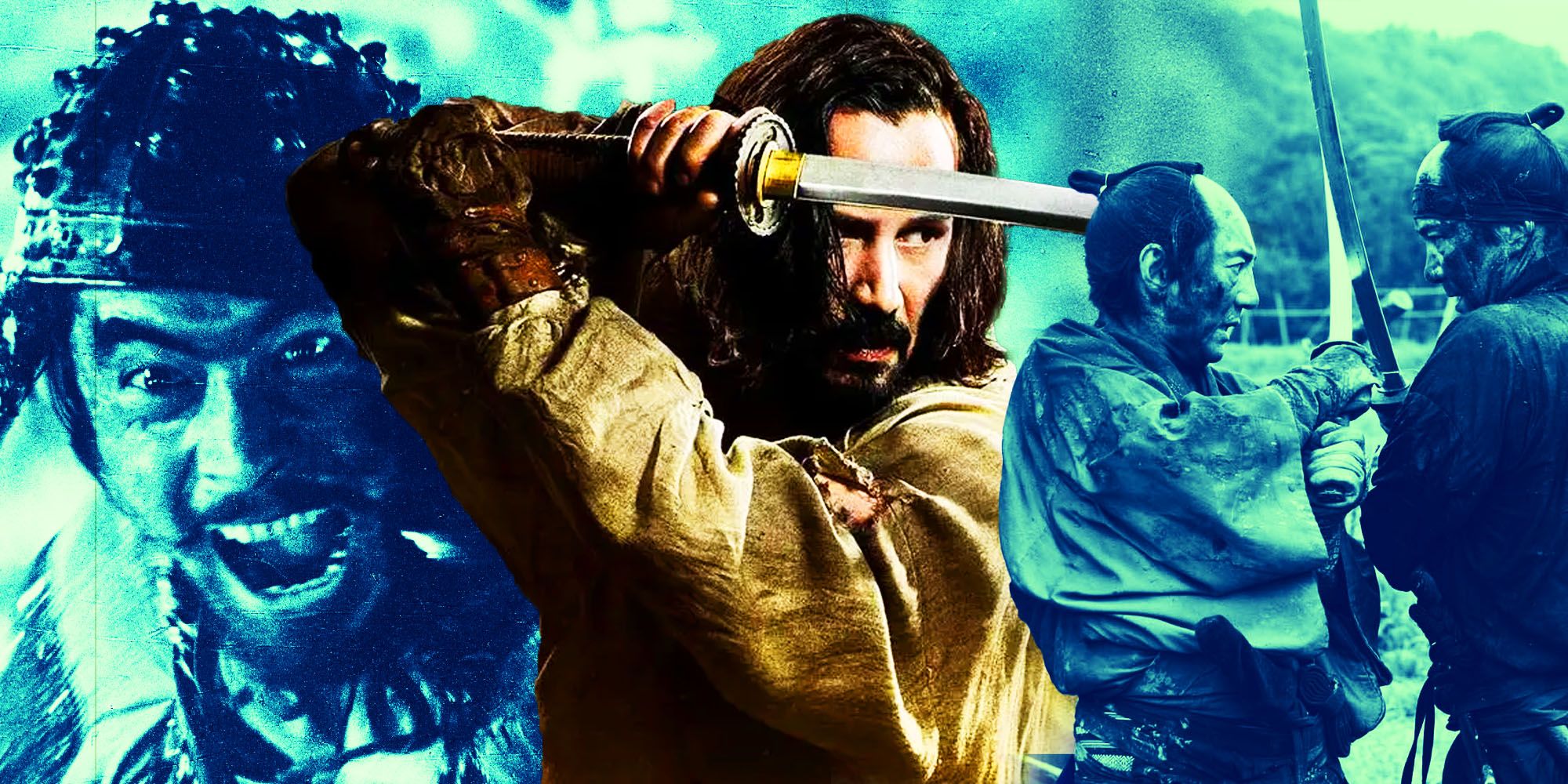 Keanu Reeves in 47 Ronin next to similar samurai movie scenes