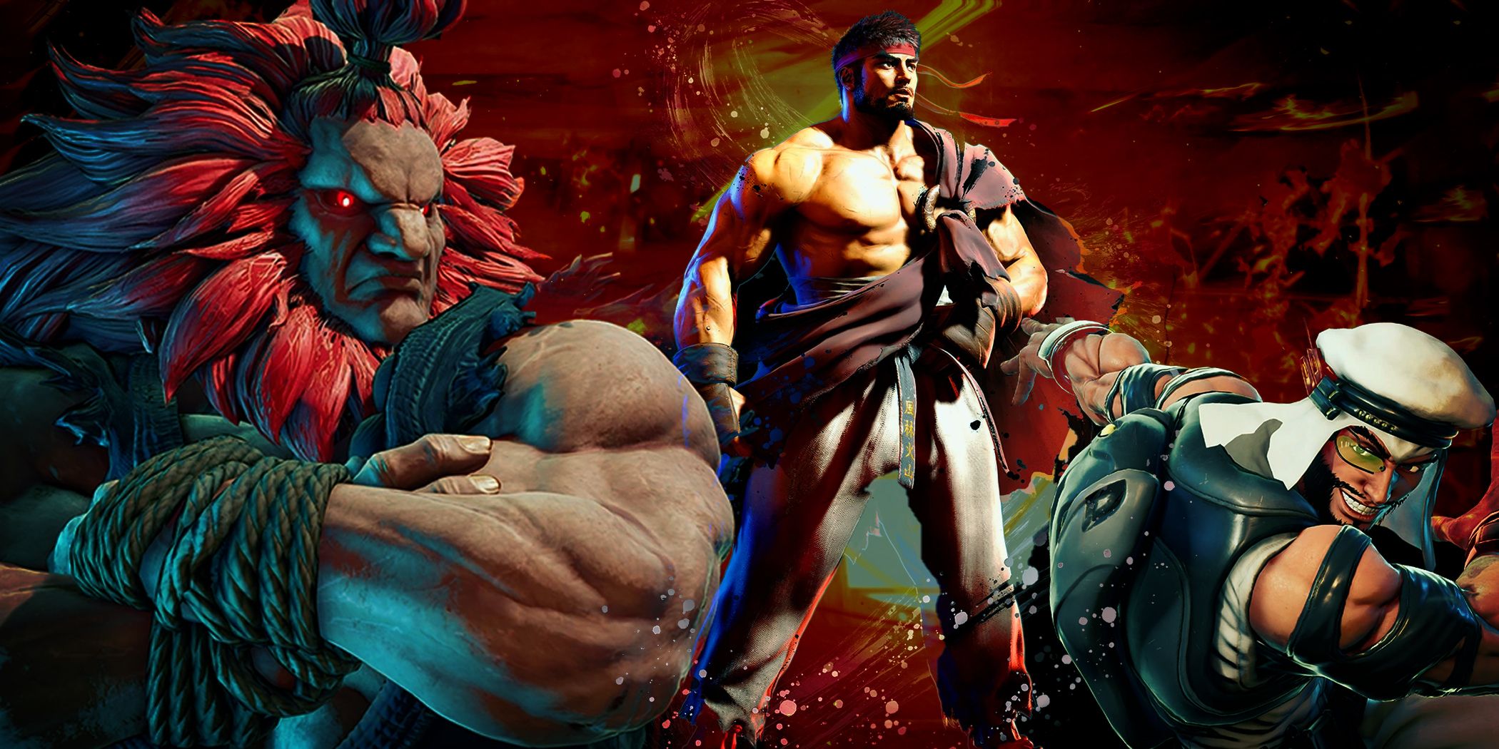 A collage of Street Fighter 6 characters in combat-ready poses, including Blanka, Ryu, and Dhalsim, standing before a blood-red backdrop. 