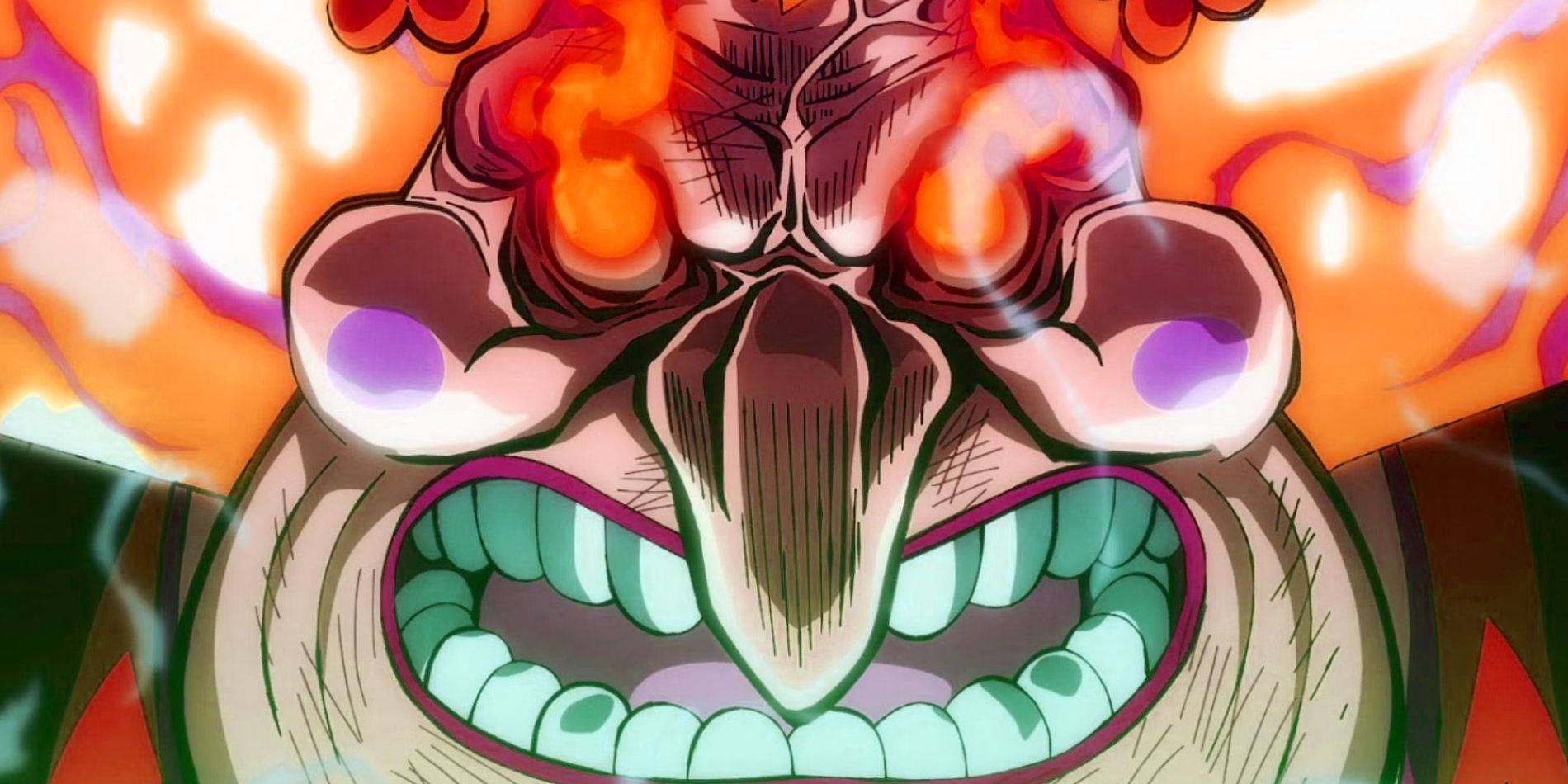 Screenshot from One Piece anime shows Big Mom powered up with firey red eyes and orange flames from hair. The close up of her face is lit by a green aura from the bottom.