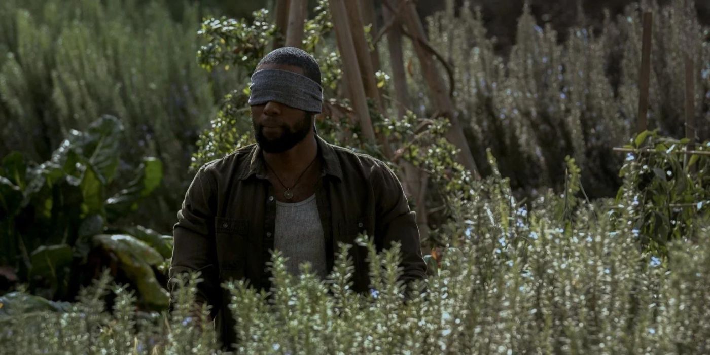 Trevante Rhodes as Tom walks through a forest blindfolded in Bird Box.