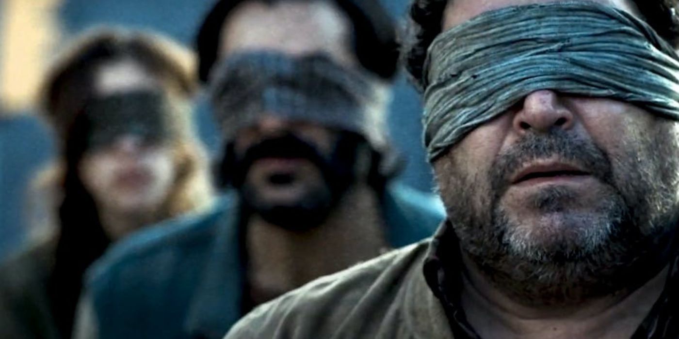 Three people blindfolded in Bird Box Barcelona