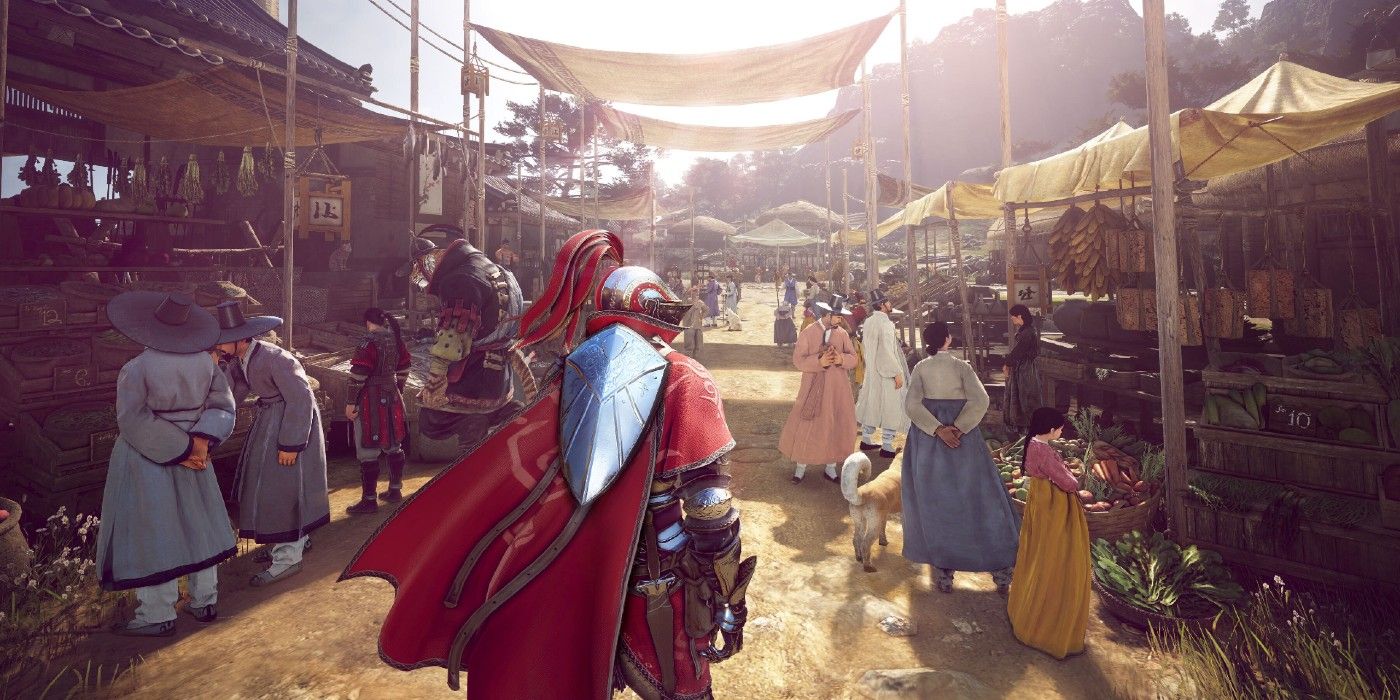 Black Desert LOTML expansion key art showing a character in armor walking through a Korean market.
