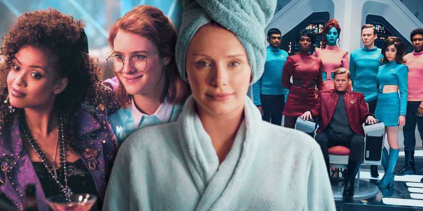 A composite image of Bryce Dallas Howard in a bathrobe with characters from Black Mirror season 6 behind her