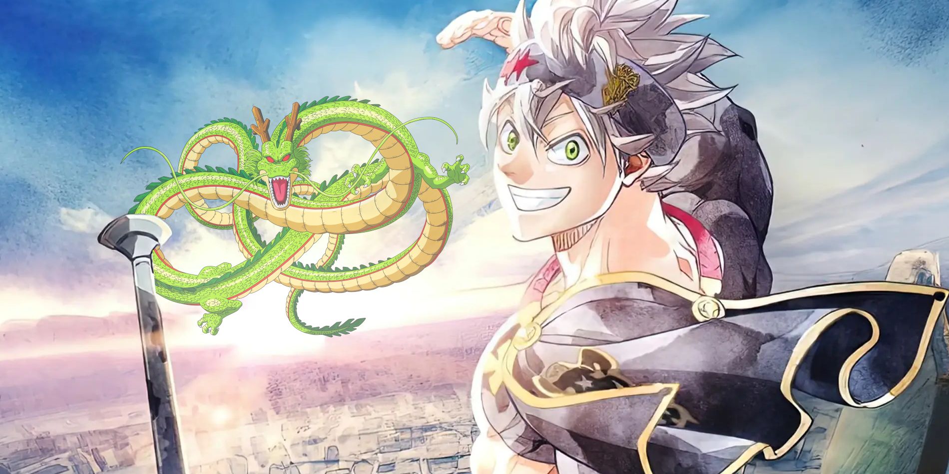 Image of Black Clover's Asta standing above a large city with the sun rising on the horizon with Dragon Ball's Shenron dragon flying in the distance.