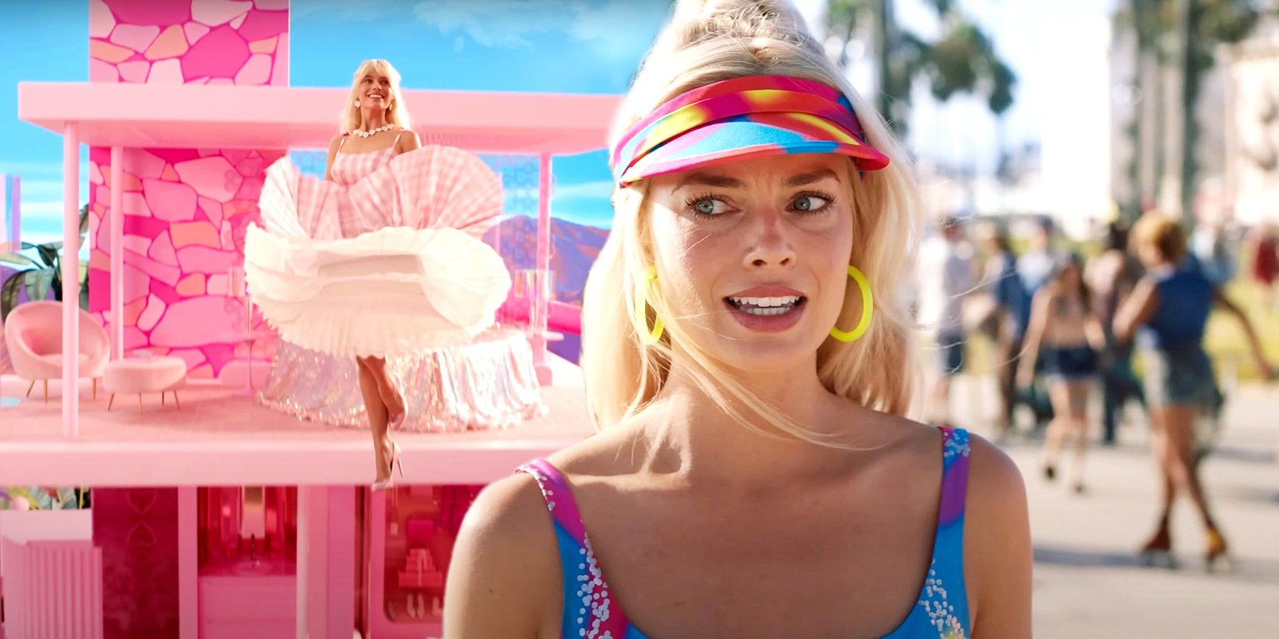 Blended image of Barbie flying from her house and Barbie rollerblading at the beach looking concerned