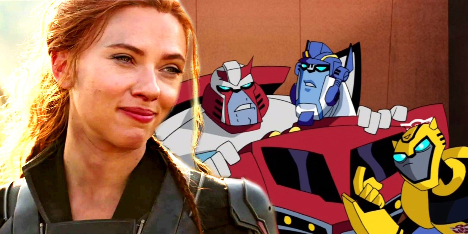 Blended image of Black Widow smiling while Optimus Prime is circled by Bumblebee in Transformers animated show