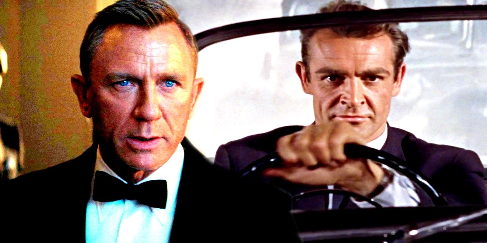 Blended image of Daniel Craig as James Bond in No time to Die and Sean Connery driving a car as James Bondi n Dr. No