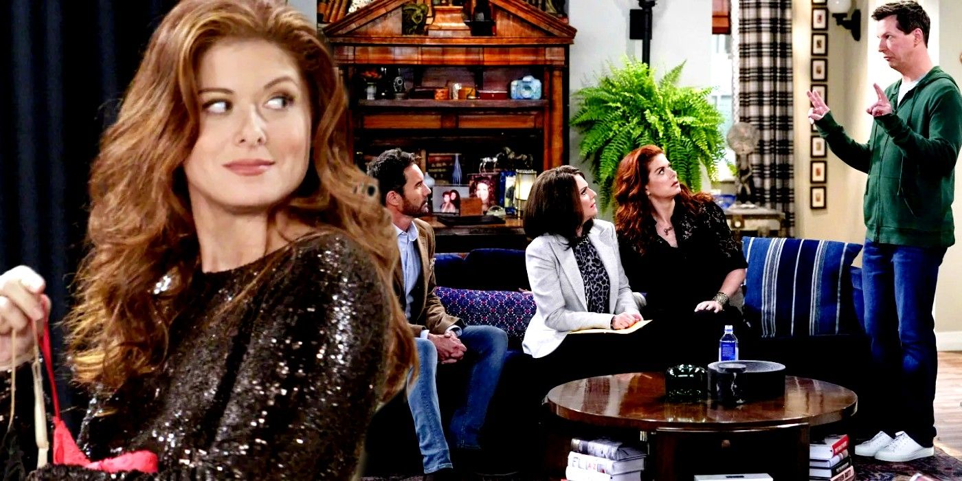 Blended image of Debra Messing looking back while the whole Will and Grace cast are sitting on the couch