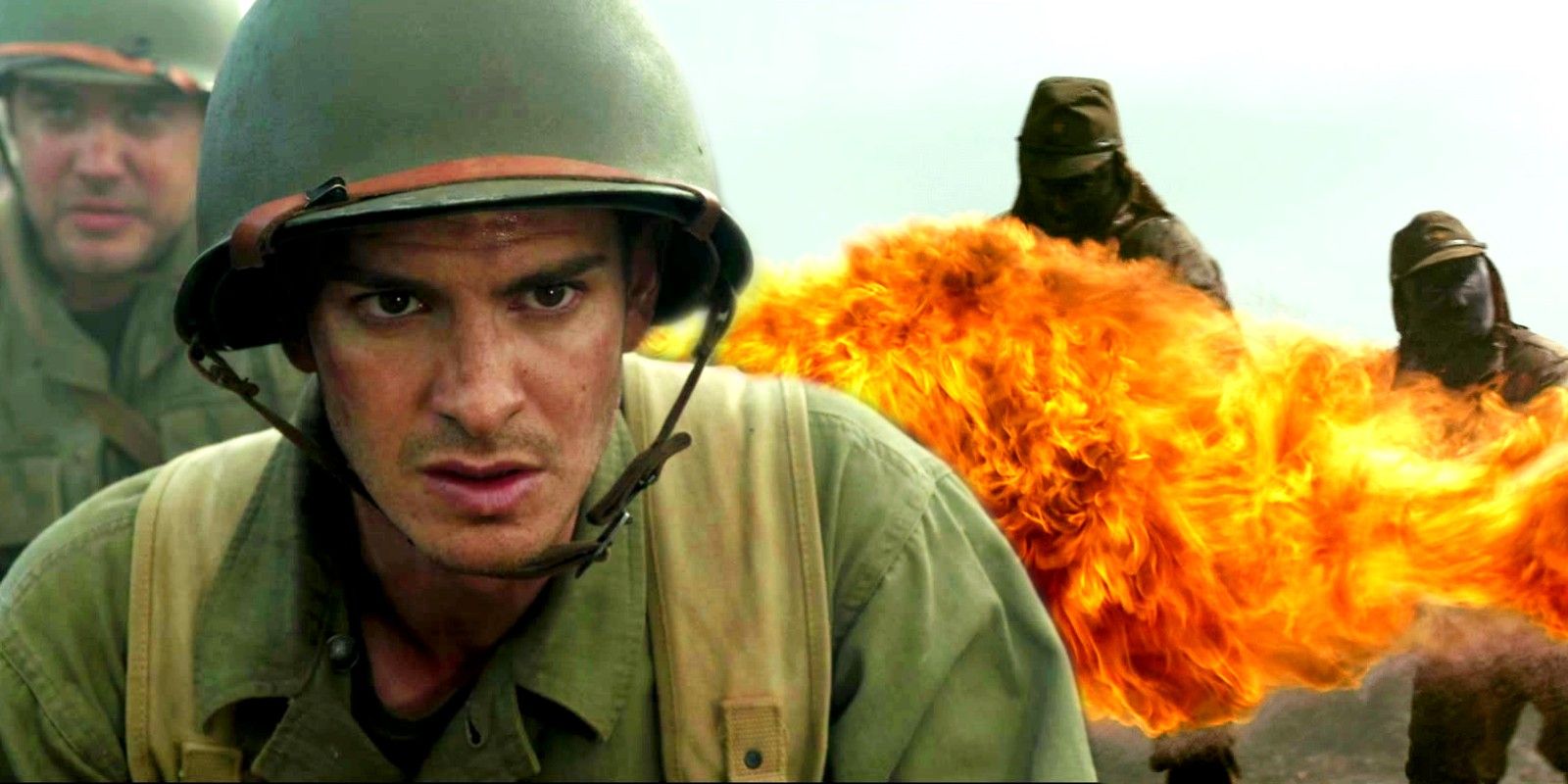 Blended image of Desmond preparing for battle while Japanese use some flamethrowers in Hacksaw Ridge