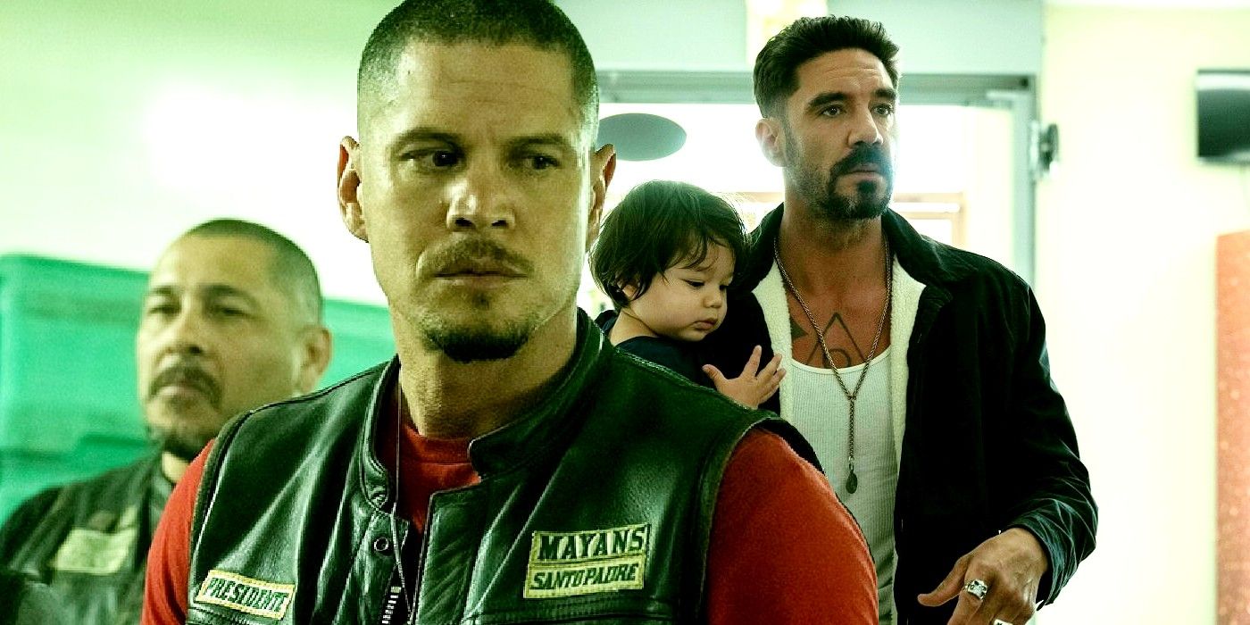 Blended image of EZ holding his kid and Angel in the center in Mayans MC season 5