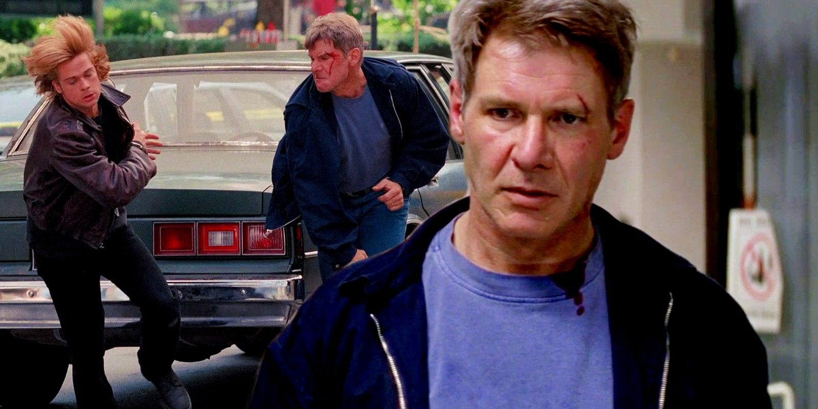 Blended image of Harrison Ford at the hospital and Brad Pitt and Ford tusseling in The Devil's Own