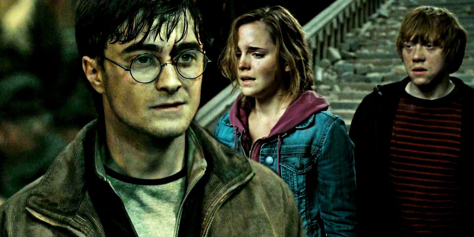 Blended image of Harry Potter contemplating while Hermione cries with Ron behind her in Harry Potter Deathly Hallows Part 2