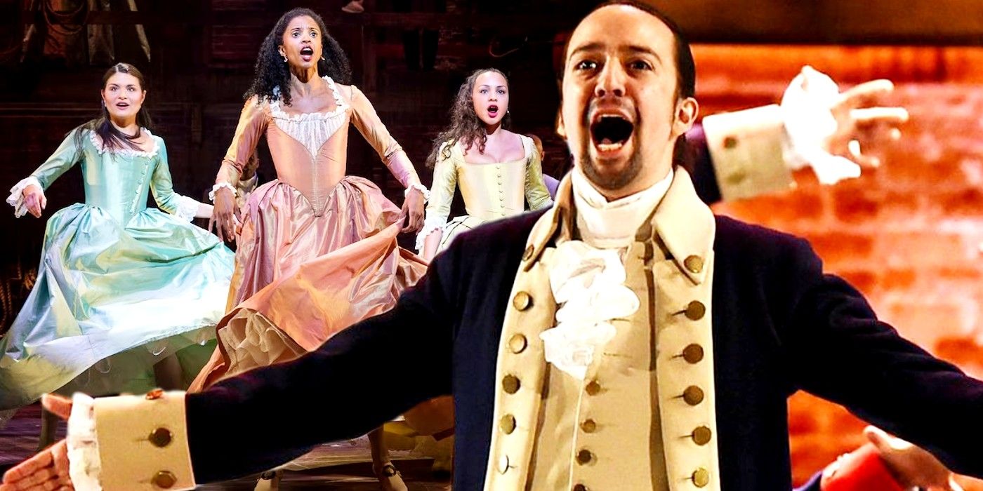 Blended image of Lin Manuel Miranda as Alexander singing while the female cast dance in Hamilton-1