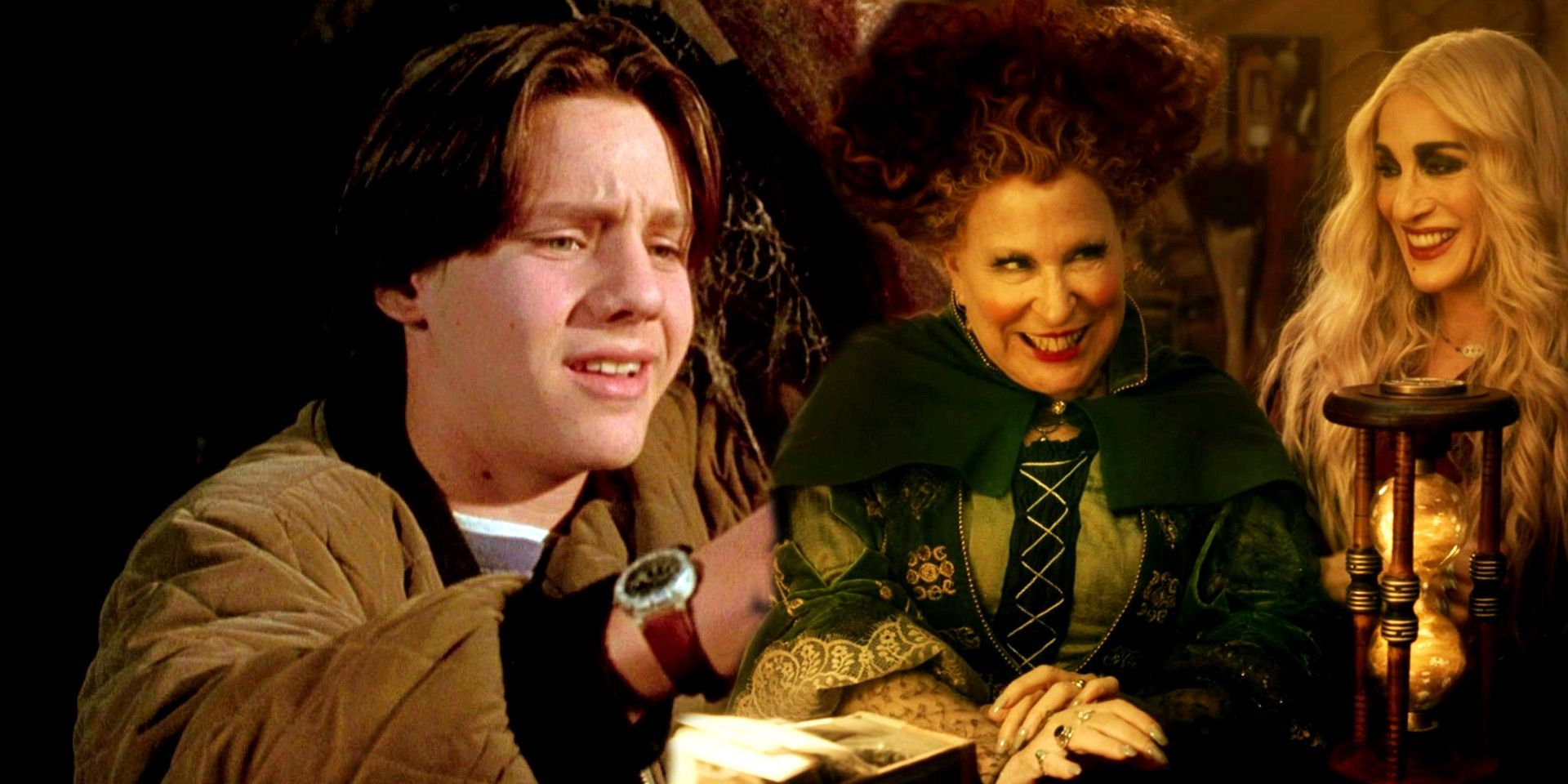 Blended image of Max lighting up the Black Candle in Hocus Pocus and the Sanderson sisters smiling in Hocus Pocus 2