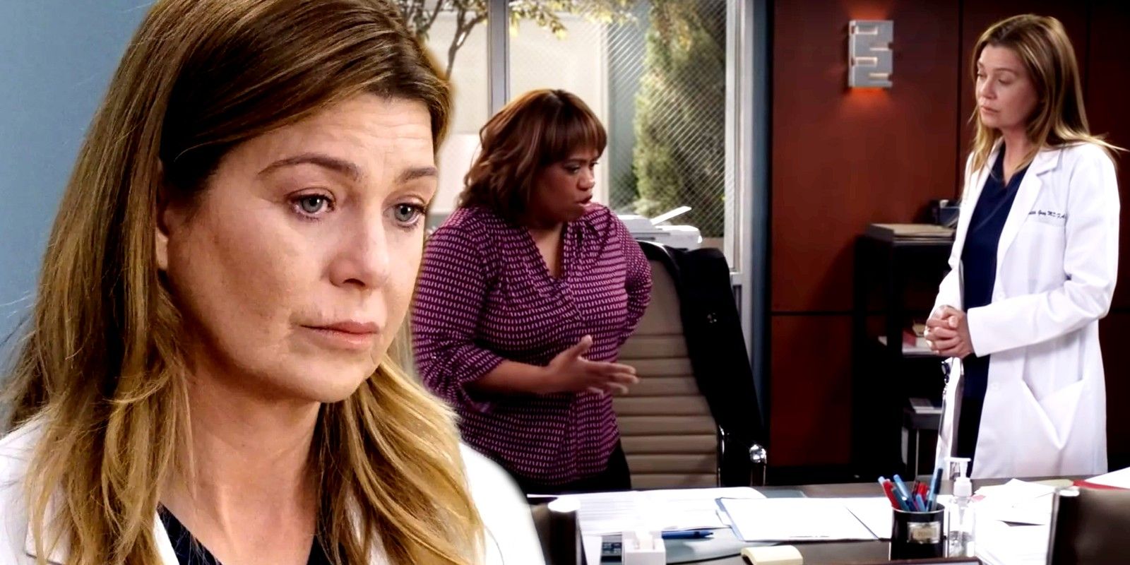 Blended image of Meredith looking down and Bailey talking to Meredith in Grey&rsquo;s Anatomy