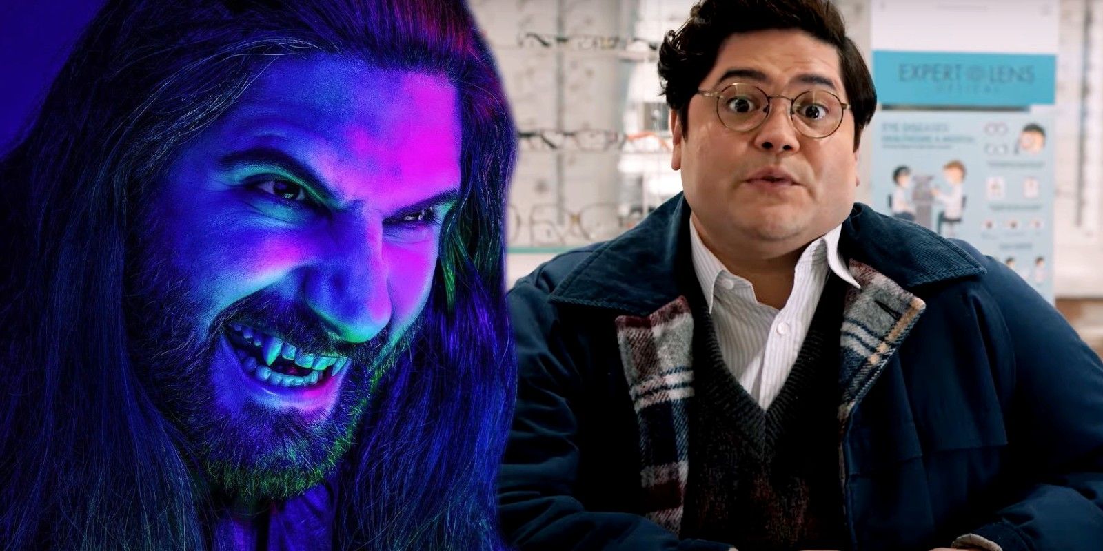 Blended image of Nandor with his fangs and Guermillo talking in What We Do in the Shadows