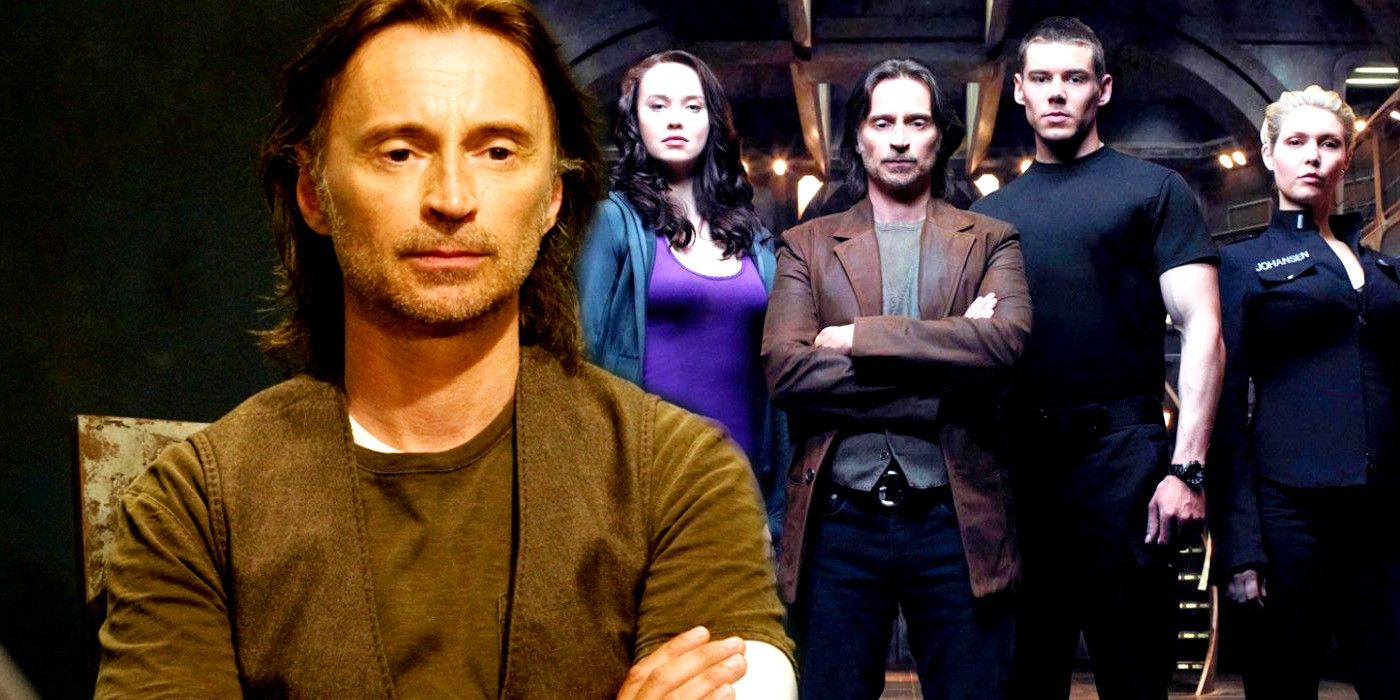 Blended image of Robert Carlyle folding his arms and the rest of the Stargate Universe cast taking an image