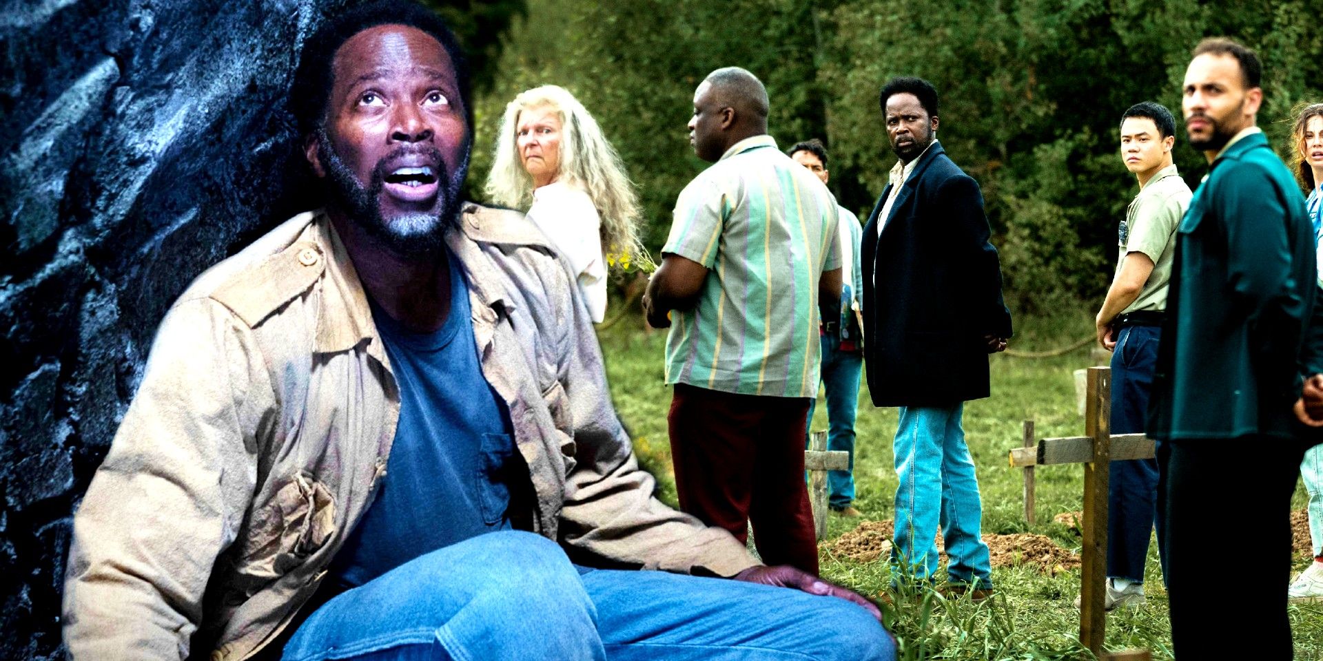 Blended image of Sheriff Boyd stuck in a save and Boyd with townspeople in From