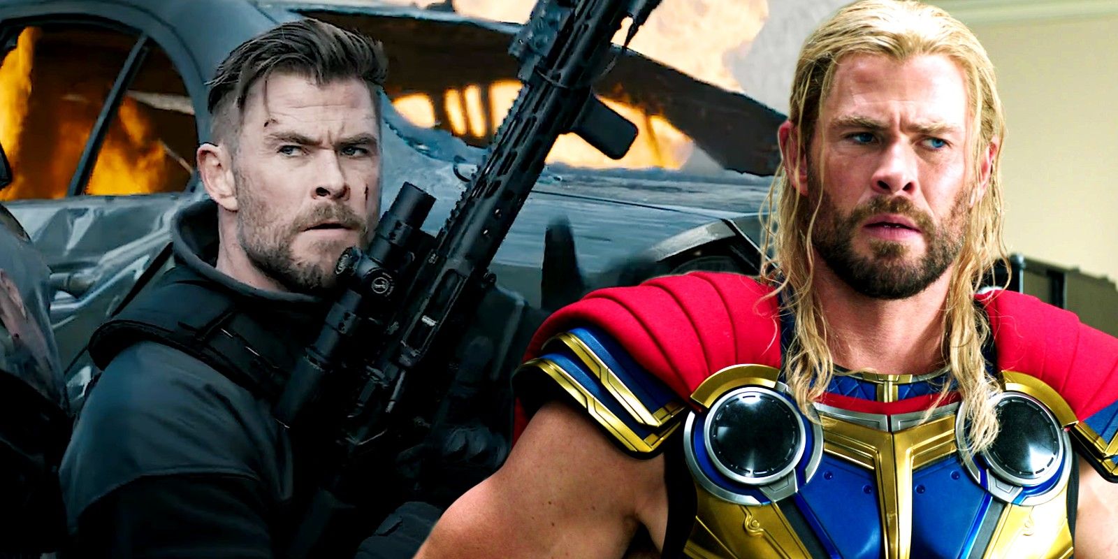 Blended image of Tyler holding a gun in Extraction 2 and Thor looking concerned in Love and Thunder-1