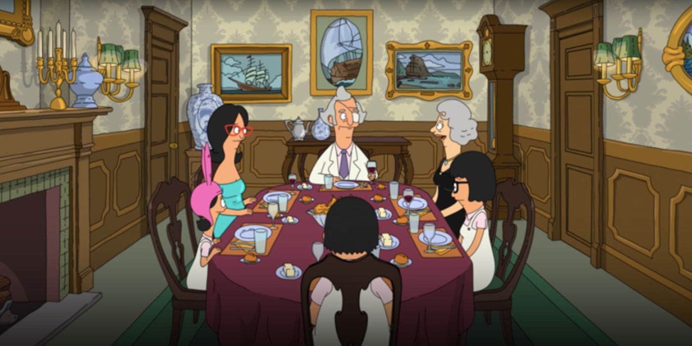 Os Belchers sentam-se sem jeito à mesa de jantar com Fishoeder e sua mãe no Bob's Burgers