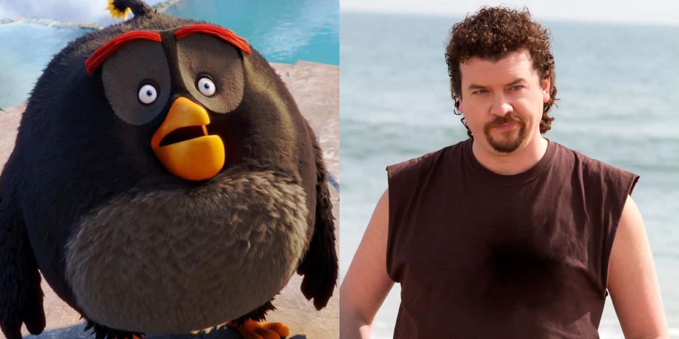 Bomb from The Angry Birds Movie is next to voice actor Danny McBride.
