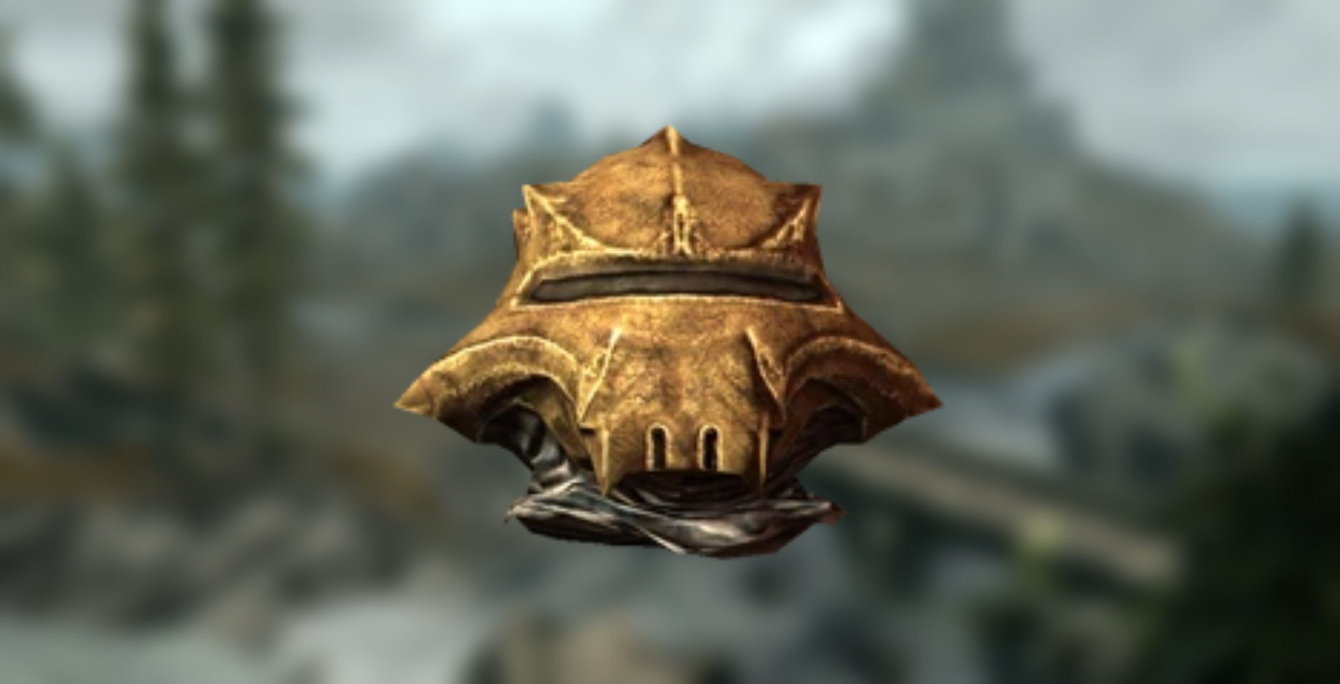 A render of a bonemold helmet against a blurry screenshot of Skyrim.