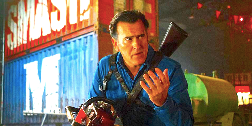 Bruce Campbell as Ash Williams hiding behind a container in Ash Vs Evil Dead