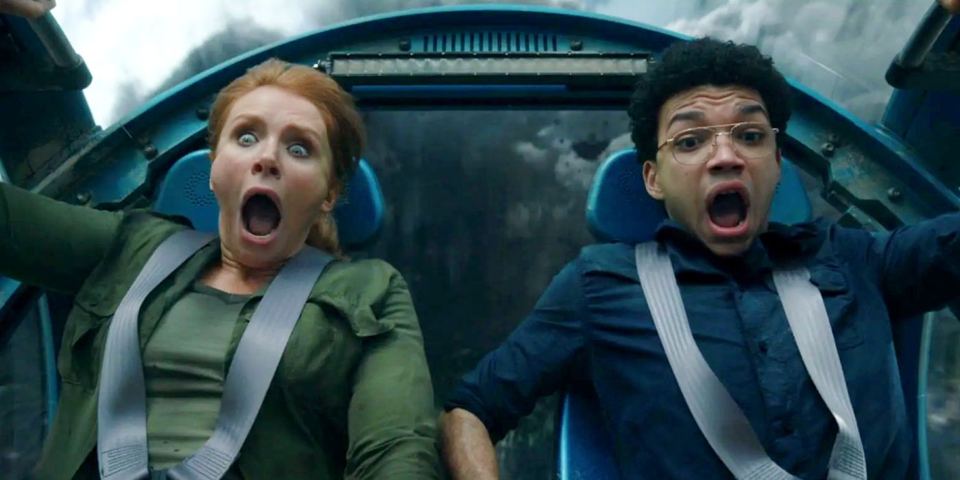 Bryce Dallas Howard and Justice Smith screaming in a gyrosphere in Jurassic World: Fallen Kingdom.