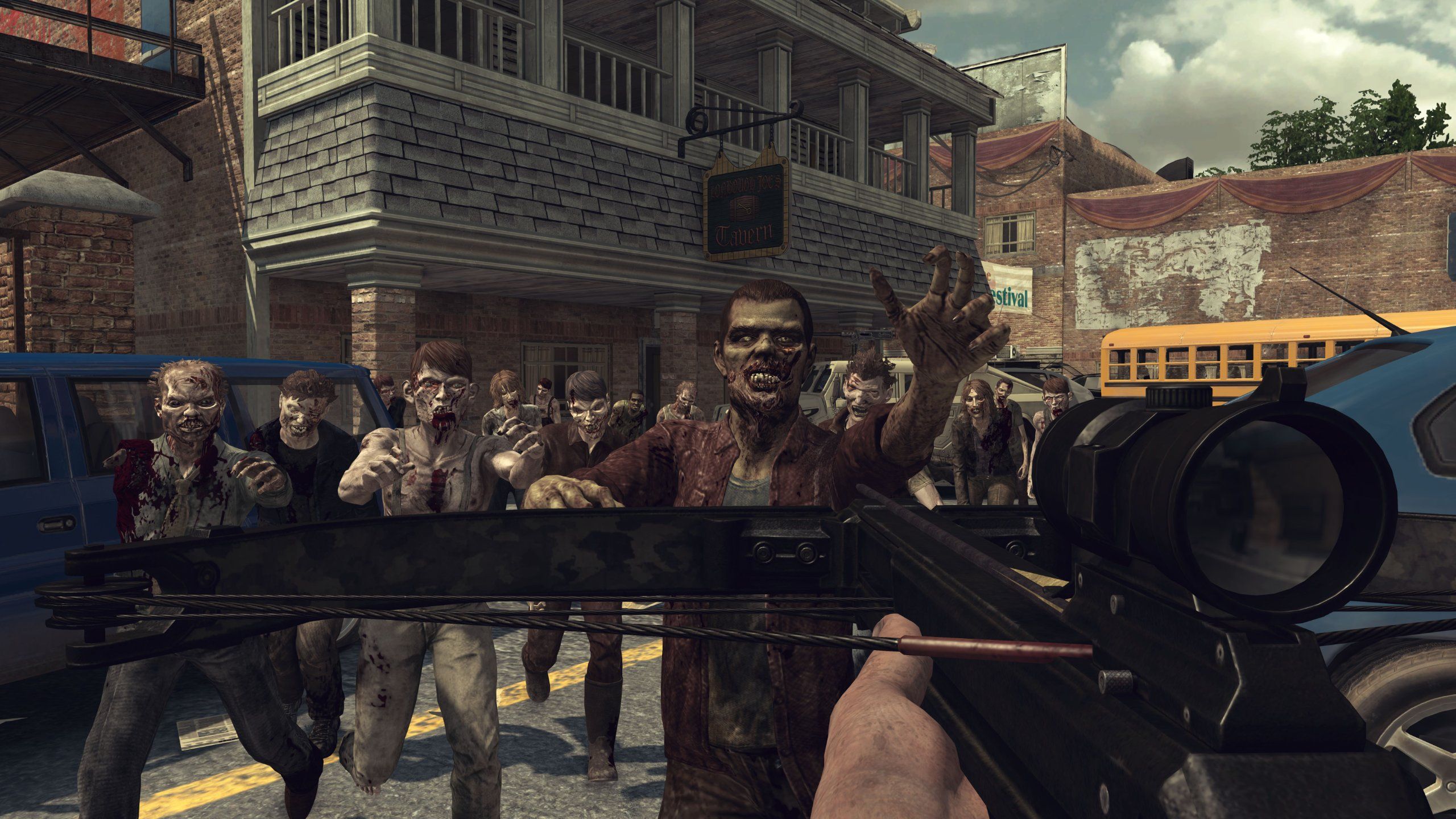 The player looks down a crossbow in first-person view as walkers attack in the game The Walking Dead: Survival Instinct