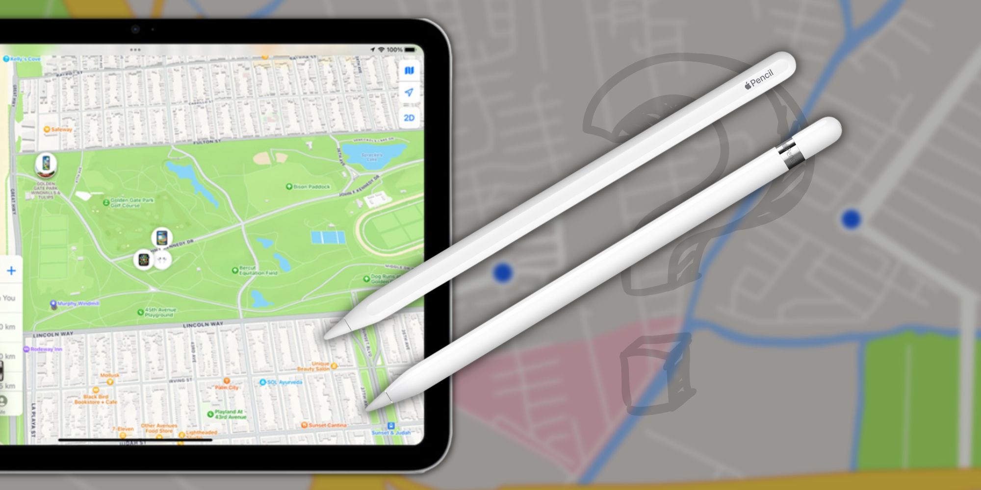 iPad and Apple Pencil with Find My network in the background