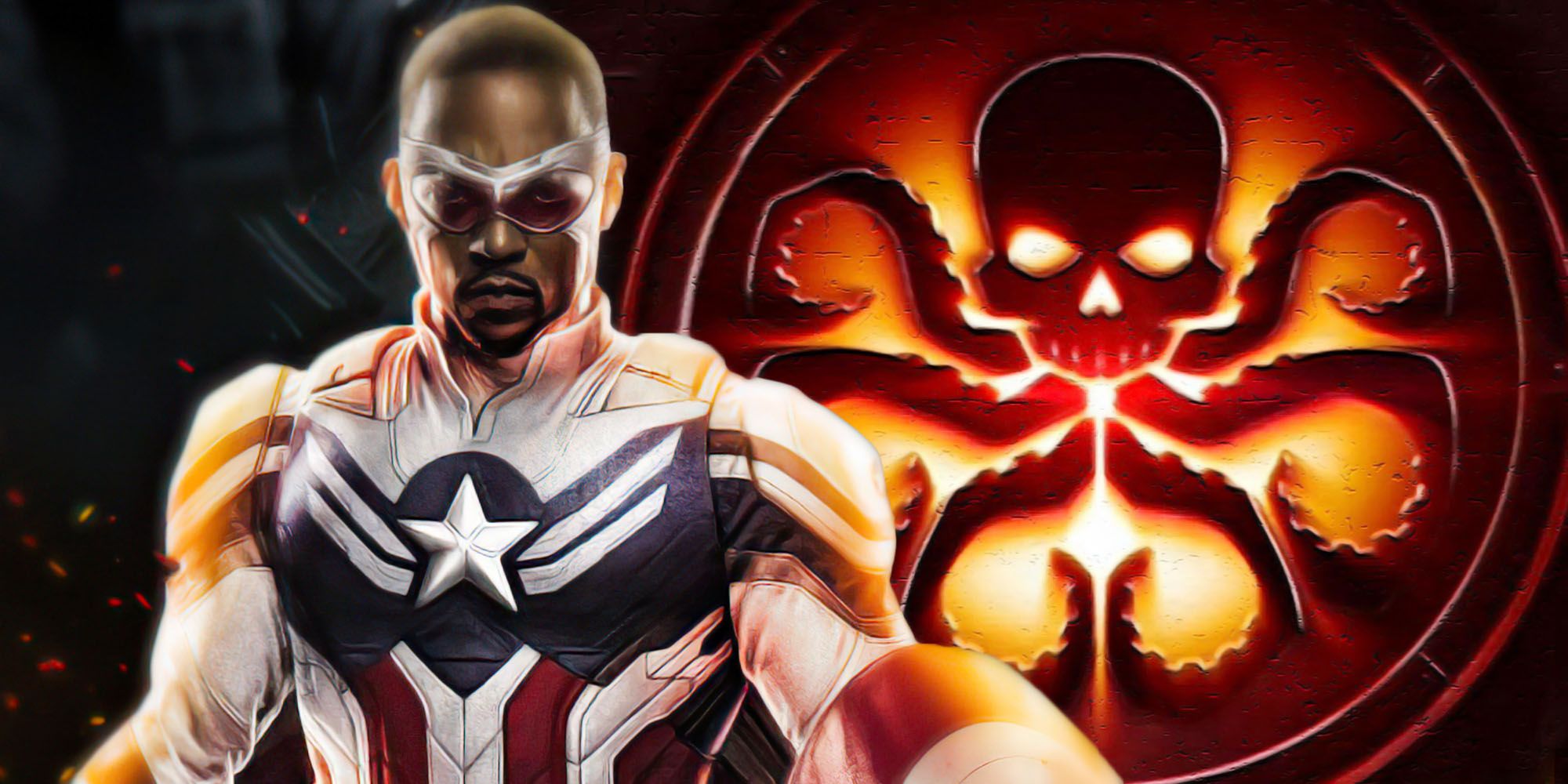 Sam Wilson as Captain America next to a logo for HYDRA in the MCU