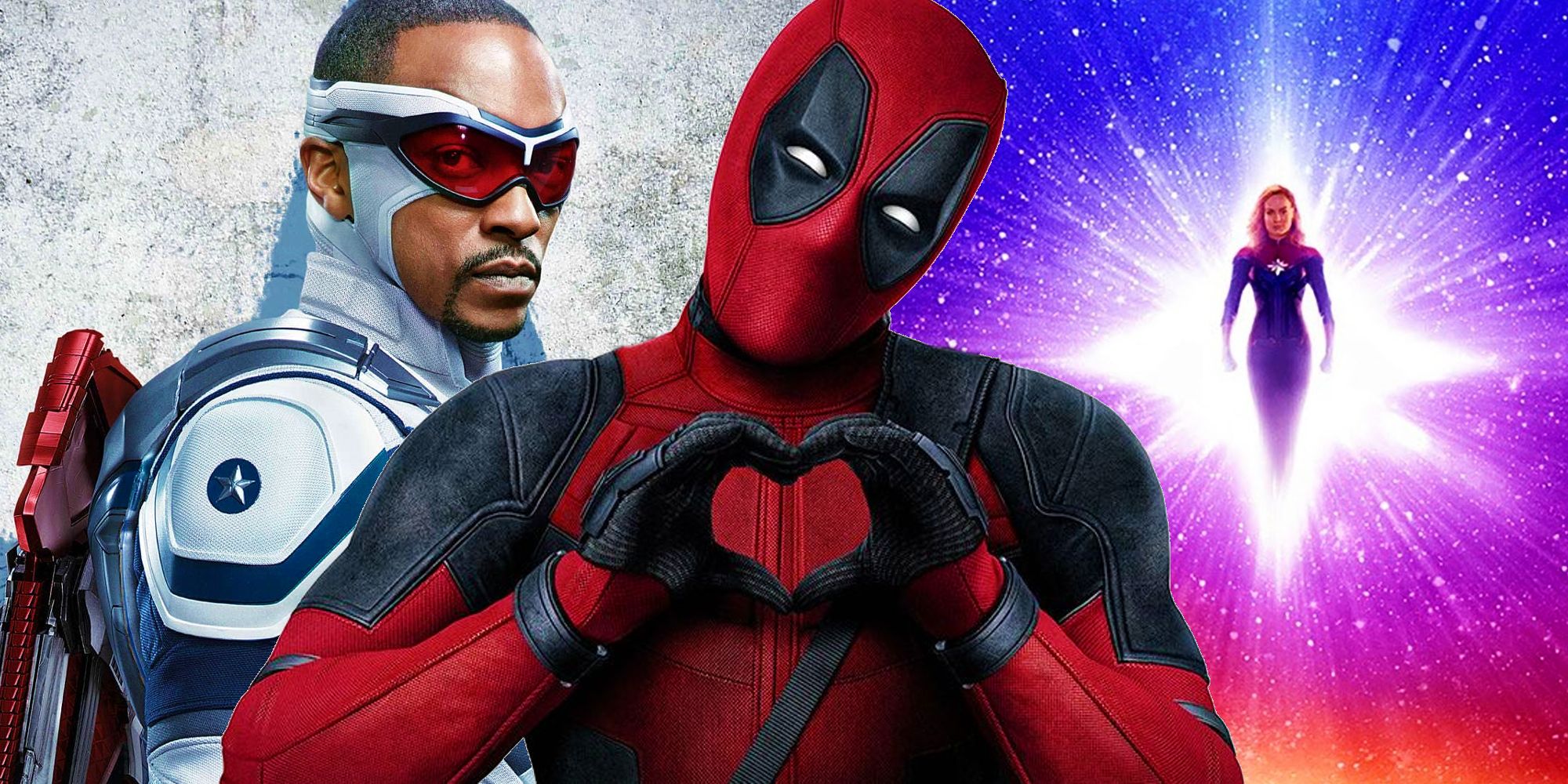Deadpool making a heart with his hands next to Sam Wilson's Captain America and The Marvels' poster