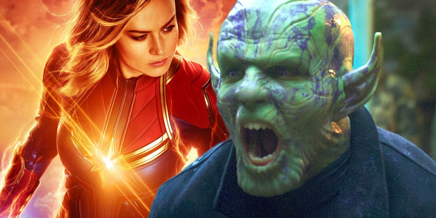 O pôster do Capitão Marvel ao lado de um rugido do MCU Skrull
