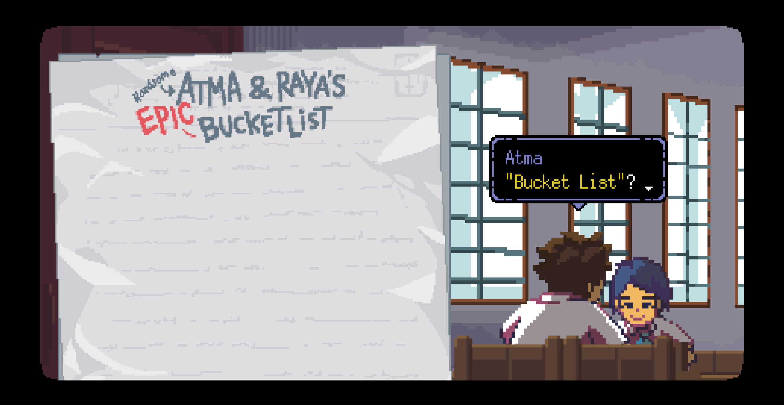 Tangkapan layar dari A Space for the Unbound, menunjukkan Atma dan Raya membuat daftar keinginan