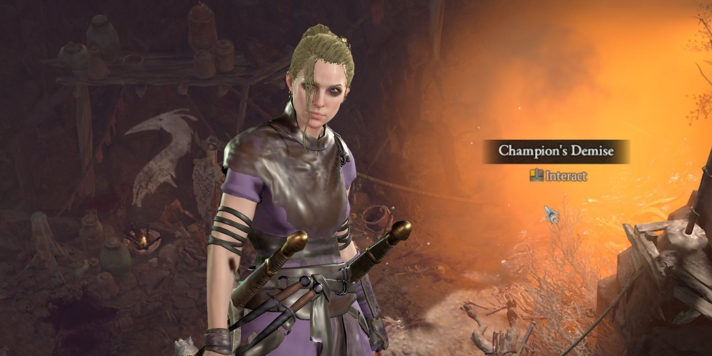 Champion Demise Dungeon In Diablo 4 dengan rogue berdiri di depan gambar