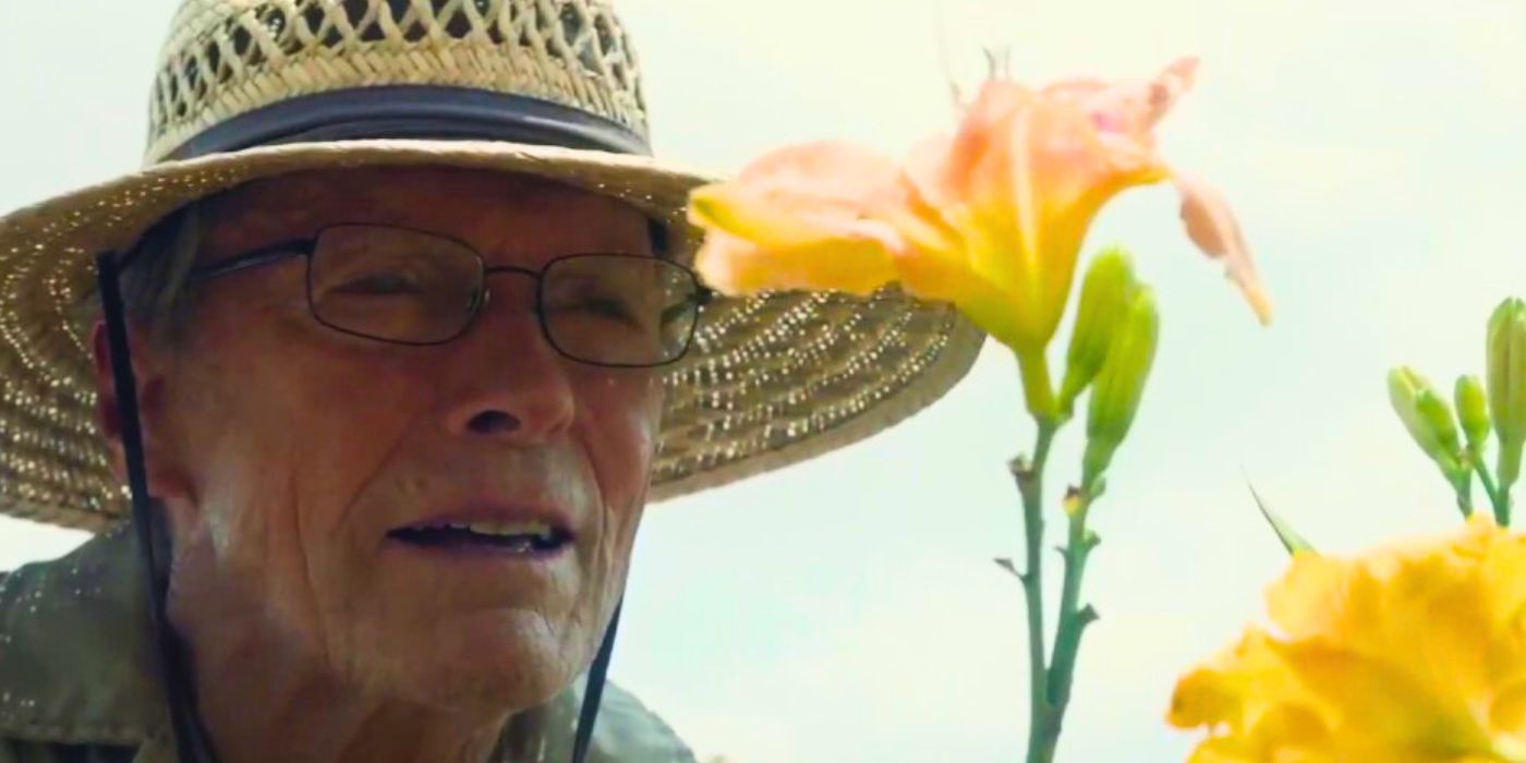 Clint Eastwood looking at flowers in The Mule